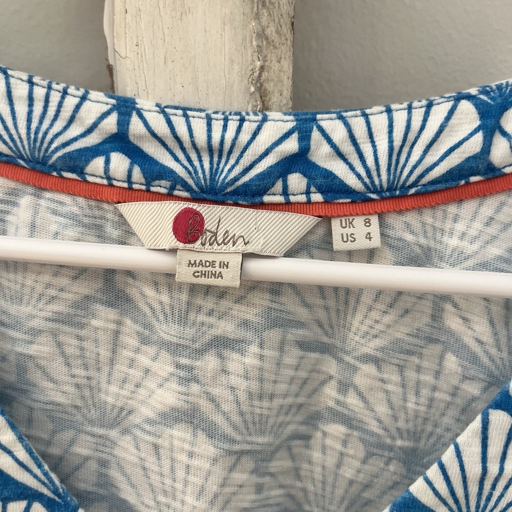 Boden Tarifa Jersey Sleeveless Top Blue White Seashell Print Coral Trim Sz 4 - Picture 3 of 6